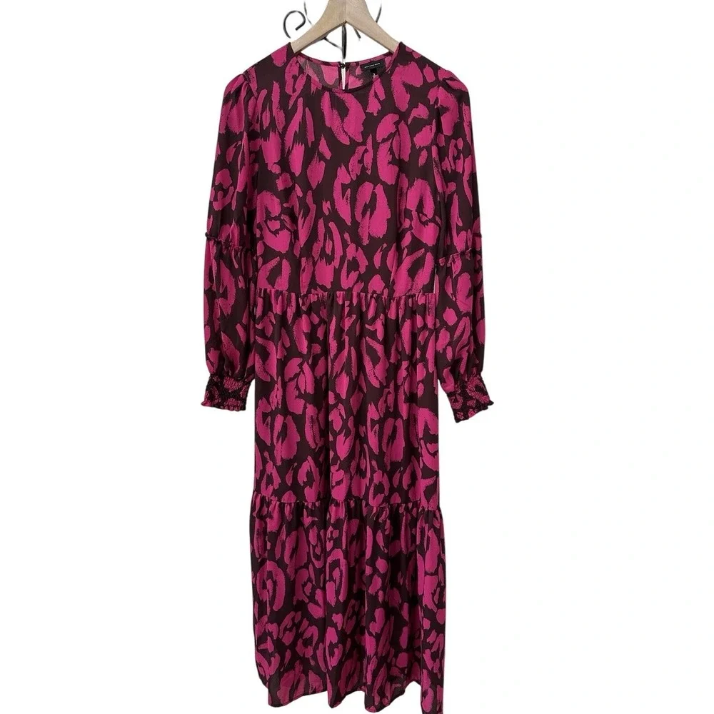 Who What Wear Midi Dress S Pink Brown Abstract Animal Print Long Sleeve Tiered - Picture 1 of 6
